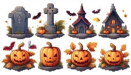 Wall Mural - Pixelated Halloween Decorations Pixel Pack - pixel art set of Halloween decorations for games - pumpkin tomb, Halloween creepy house. Game design assets. Graphic art 8 bit illustration isolated