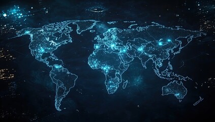 Canvas Print - Digital map of the world with blue glowing connections representing the global network and connectivity, symbolizing telecommunications technology in business exchange Generative AI