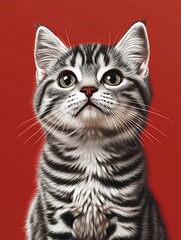 Wall Mural - A detailed illustration of a striped kitten with a focused expression against a red background.