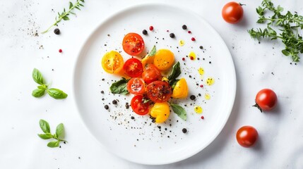 Spread the items in a visually appealing manner on a white plate or directly on the white background.