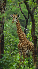 giraffe camouflaged in lush green forest, blending into the natural environment, wildlife photograph