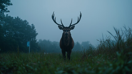 Deer with big antlers standing in front of the misty forest. It's autumn time. Animal photography.