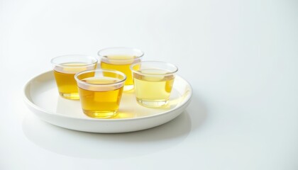 Poster -  Five glasses of golden liquid on a white plate