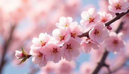 Wall Mural -  Blooming beauty  A closeup of delicate pink cherry blossoms