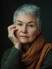 Aufkleber - An older woman, with short gray hair and wearing a warm scarf, rests her chin on her hand, reflecting thoughtfully in a softly lit space. Generative AI