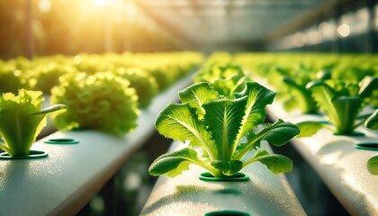 Wall Mural - A hydroponic farm focusing on young green lettuce plants growing in rows