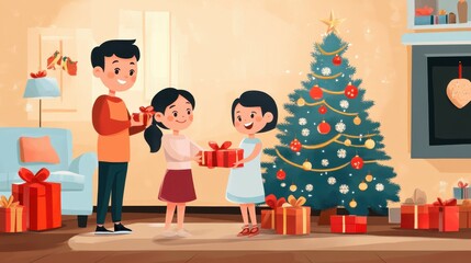 Family members are exchanging colorful gifts together in a warm, decorated living space during a joyful celebration