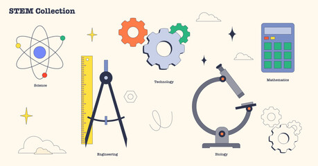 Wall Mural - stem as science, engineering, technology, biology and mathematics knowledge complex neubrutalism col