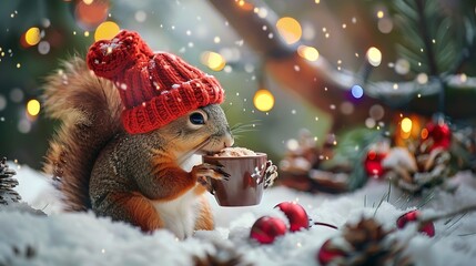 Sticker - A cute squirrel wearing a red hat enjoys a warm drink amidst a festive, snowy environment.