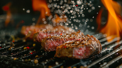 Close-up Slice juicy beef lamb rib steak meat grilled on heat hot roasted flame cooking meal, lunch dinner coal fire smoke with salt and pepper spice beefsteak for party picnic outdoor refreshment