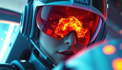 Woman wearing a helmet and goggles with a glowing eye