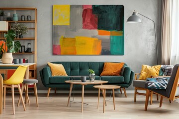 Modern living room interior with abstract wall art and colorful furniture