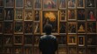 © ANC Media - A person contemplates a wall of diverse art pieces in a quiet gallery space during the evening