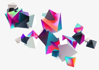 Wall Mural - colored 3d pyramids. abstract background of flying iridescent geometric shapes.