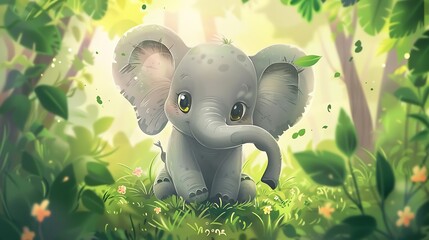 Canvas Print - A cute cartoon baby elephant sitting in a lush, vibrant forest filled with greenery and flowers.