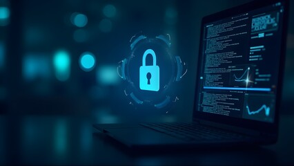 A glowing digital lock icon over a laptop screen with code, representing cybersecurity and data protection