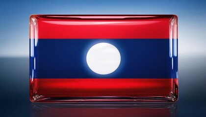 A glass button featuring the flag of Laos on a blue background. The flag is reflective and has a glossy finish.  The button is casting a slight shadow on the surface.