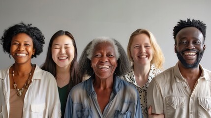 Aufkleber - A cheerful group of five individuals from different backgrounds stands together, sharing smiles in a well-lit studio. Generative AI