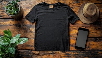 Black t-shirt mockup on a wooden table with a blank-screen mobile phone