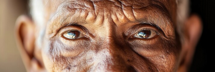 Aufkleber - An elderly man with deep lines on his face and wise eyes sits peacefully, embodying calmness and a wealth of experiences in a warm setting. Generative AI