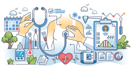 Wall Mural - Physical examination and patient health checkup outline hands concept. Detailed heart diagnostics for medical disease or illness prevention vector illustration. Clinical body analysis for wellness.