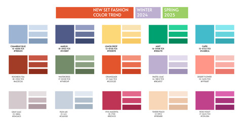 Wall Mural - New Fresh Fashion color trend Winter 2024 Spring 2025. Color palette forecast of the future color trend. Stock vector palette of shades