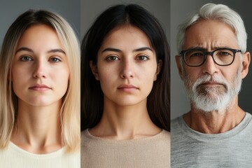 Aufkleber - Three individuals with distinct features stand side by side against simple backgrounds, each displaying calm and introspective expressions in soft lighting. Generative AI