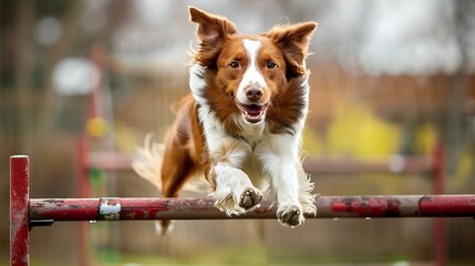 Canvas Print - A dog jumping over an obstacle in an agility course, showcasing athleticism and training.