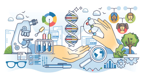 Wall Mural - genetic testing and dna heritage gene mutations outline hands concept. ancestors genome analytics fo