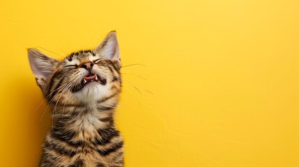 Poster - A playful kitten with a joyful expression against a bright yellow background.