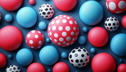 Wall Mural - A vibrant arrangement of colorful spheres with polka dots on a blue background.