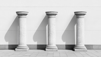 three ancient pillars casting long shadows in a stark, empty space, geometric simplicity, classical 