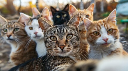 Sticker - A group of cats posing closely together, showcasing their unique patterns and expressions.