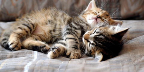 Two adorable kittens sleeping peacefully on a cozy blanket in a sunny living room during a lazy afternoon