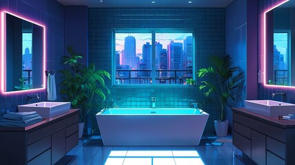 Wall Mural - anime bathroom anime background retro neon theme