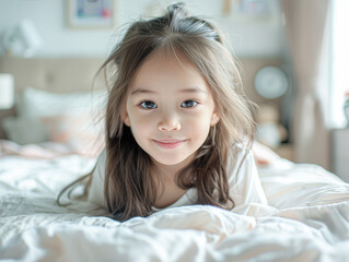 Poster - A young girl is laying on a bed with her hair in a ponytail