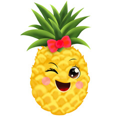 Cute pineapple wink and smile on transparent background 