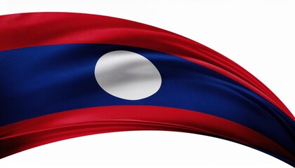 A waving Laos flag in red, blue, and white on a white background.