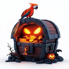 Pirate treasure chest glowing with Halloween light, parrot perched, spooky atmosphere, 3D illustration