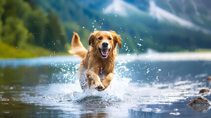 Canvas Print - A joyful golden retriever splashes through water in a scenic landscape, embodying playfulness and freedom.