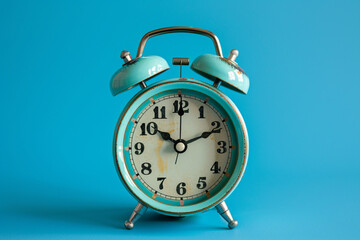 Blue color old fashioned bell alarm clock isolated on blue background