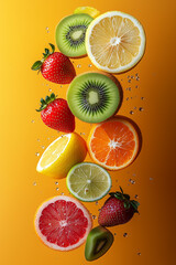 Wall Mural - Levitation mixing different of fruits oranges, kiwi, lime, strawberries, lemon isolated on background