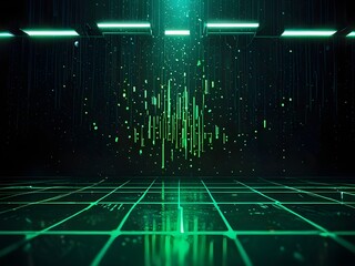 A futuristic cinematic keyframe depicting green matrix-inspired code raining down the screen in a mesmerizing, pulsing pattern, evoking a sense of digital chaos. The code's vibrant green hue