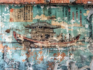 Canvas Print - Vintage Japanese Poster on a Weathered Wall.