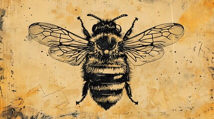 Sticker - An artistic depiction of a bee with detailed wings and body, set against a textured background.