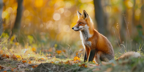 Wall Mural - A red fox sitting gracefully in a sunlit forest during autumn, surrounded by vibrant orange leaves and soft grass