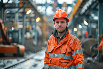 Poster - A man in an orange safety jacket stands in front of a train