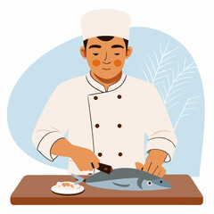 Chef Preparing Fresh Fish for Cooking with Knife