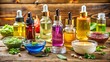 © Man888 - A colorful mixture of various oils, lotions, and serums in small glass bottles on a wooden counter, surrounded by droppers and a mixing bowl.