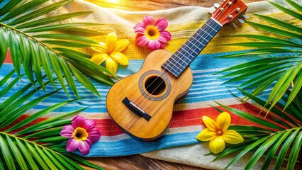 A colorful, smiling ukulele rests on a sunny beach towel surrounded by palm fronds and tropical flowers, evoking feelings of carefree, joyful summer serenity.